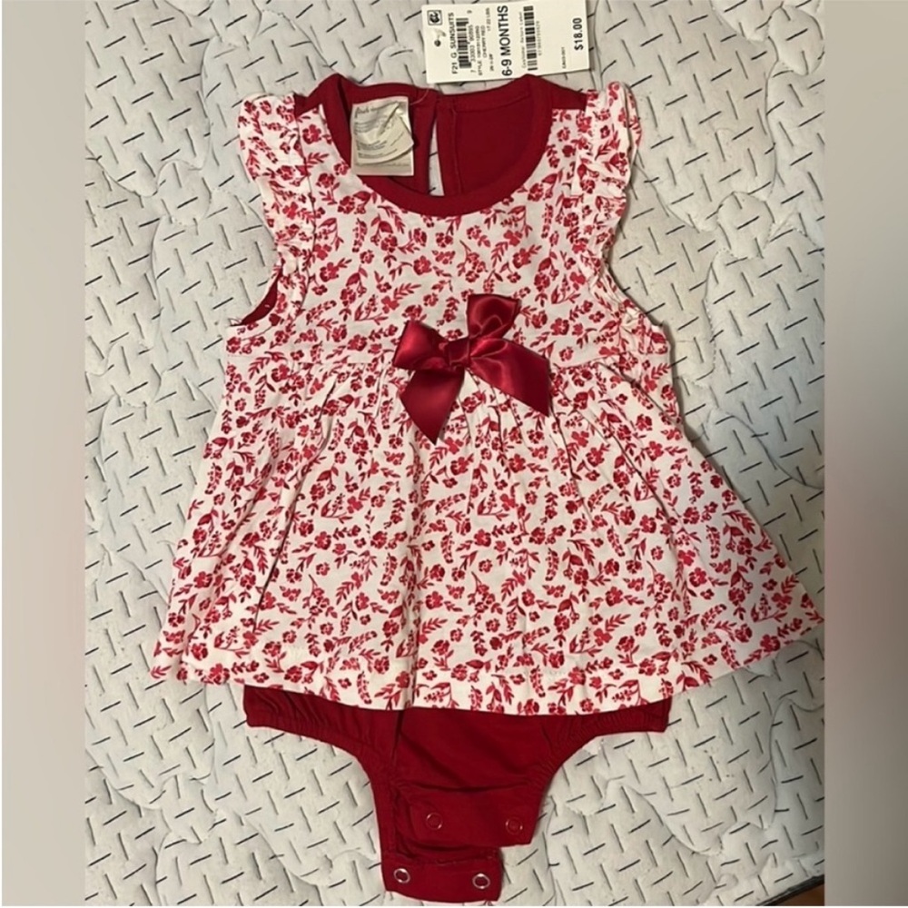 First impression, cherry red, floral bow sunsuit, 6-9 M